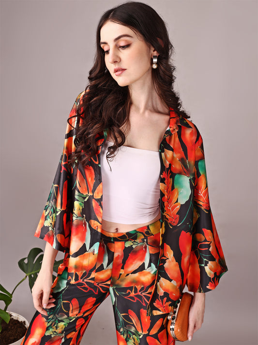 Wide Sleeve Digital Printed Western Style Satin Cordsets for Women (CS-ORANGE)