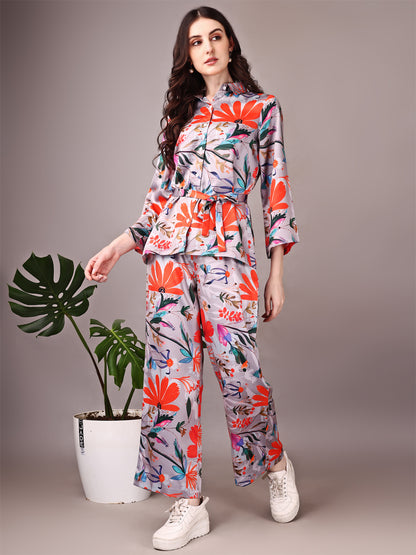 Wide Sleeve Digital Printed Western Style Satin Cordsets for Women (CS-GREY)