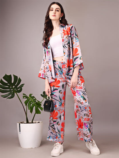 Wide Sleeve Digital Printed Western Style Satin Cordsets for Women (CS-GREY)