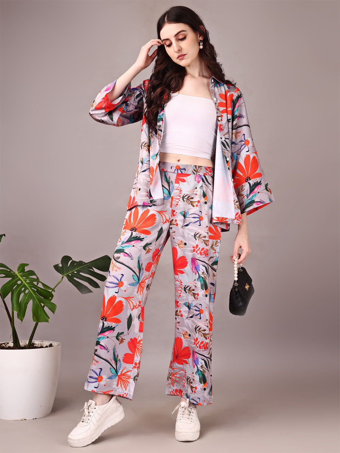 Wide Sleeve Digital Printed Western Style Satin Cordsets for Women (CS-GREY)