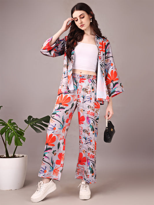 Wide Sleeve Digital Printed Western Style Satin Cordsets for Women (CS-GREY)