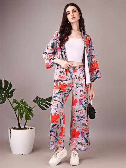 Wide Sleeve Digital Printed Western Style Satin Cordsets for Women (CS-GREY)