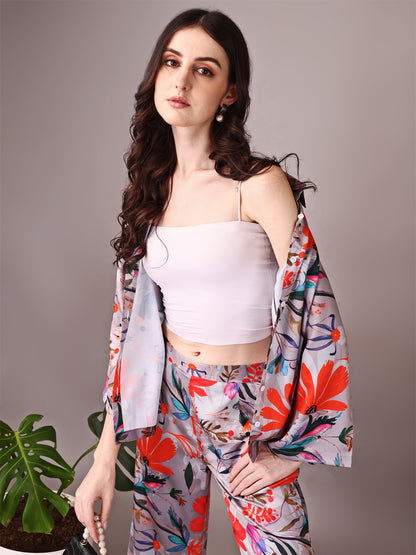 Wide Sleeve Digital Printed Western Style Satin Cordsets for Women (CS-GREY)