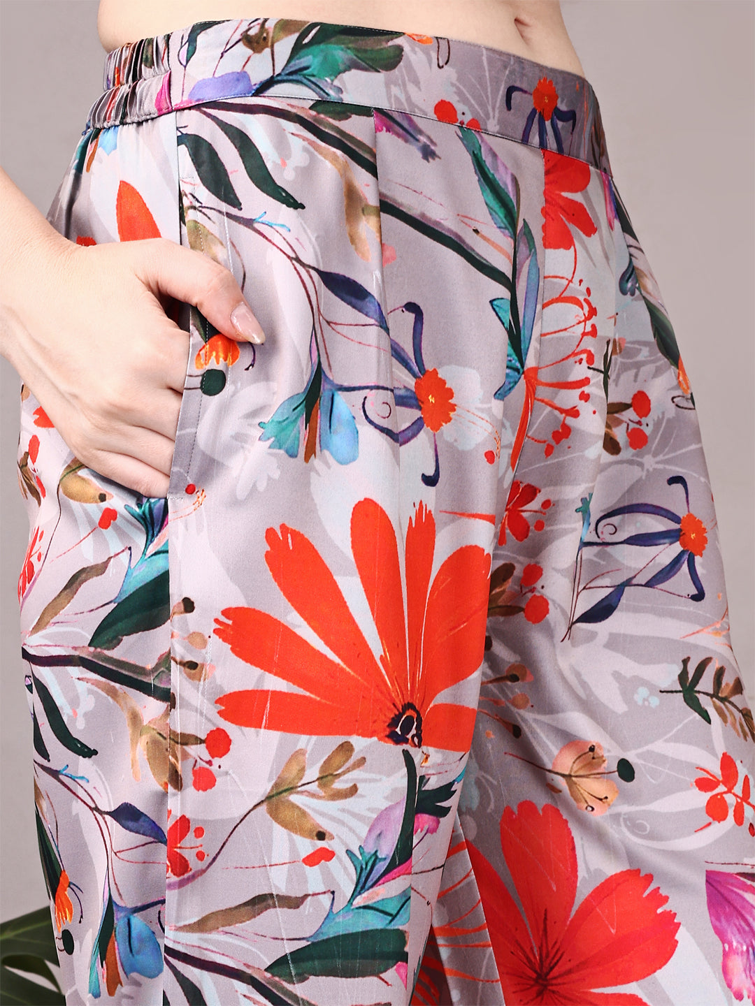 Wide Sleeve Digital Printed Western Style Satin Cordsets for Women (CS-GREY)