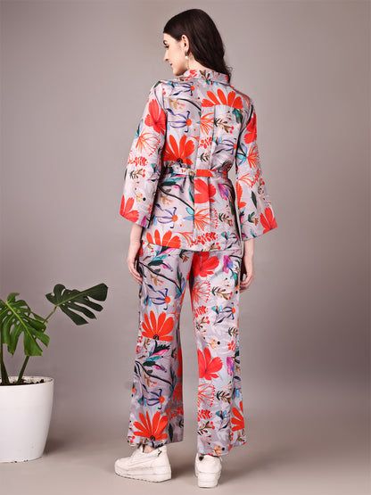 Wide Sleeve Digital Printed Western Style Satin Cordsets for Women (CS-GREY)