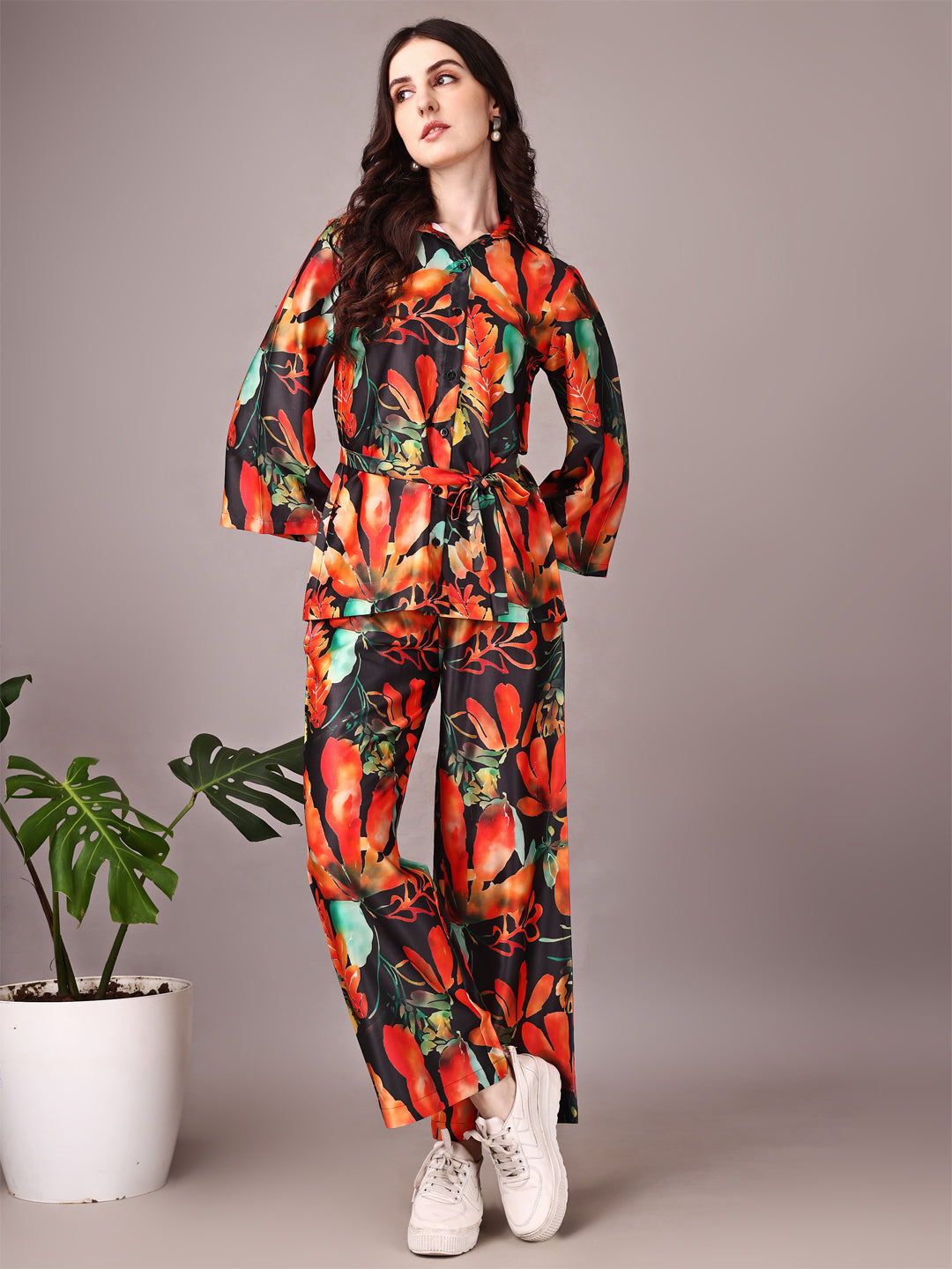 Wide Sleeve Digital Printed Western Style Satin Cordsets for Women (CS-ORANGE)