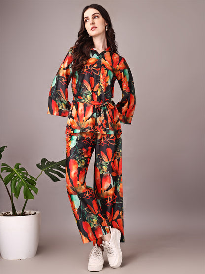 Wide Sleeve Digital Printed Western Style Satin Cordsets for Women (CS-ORANGE)