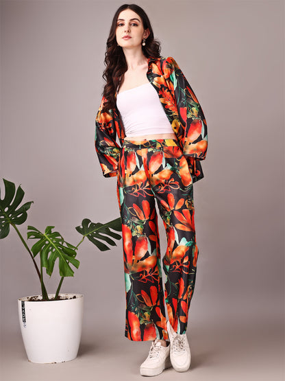 Wide Sleeve Digital Printed Western Style Satin Cordsets for Women (CS-ORANGE)