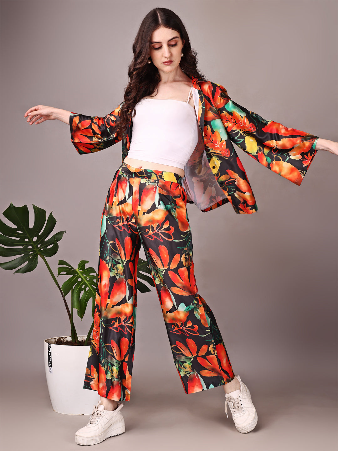Wide Sleeve Digital Printed Western Style Satin Cordsets for Women (CS-ORANGE)