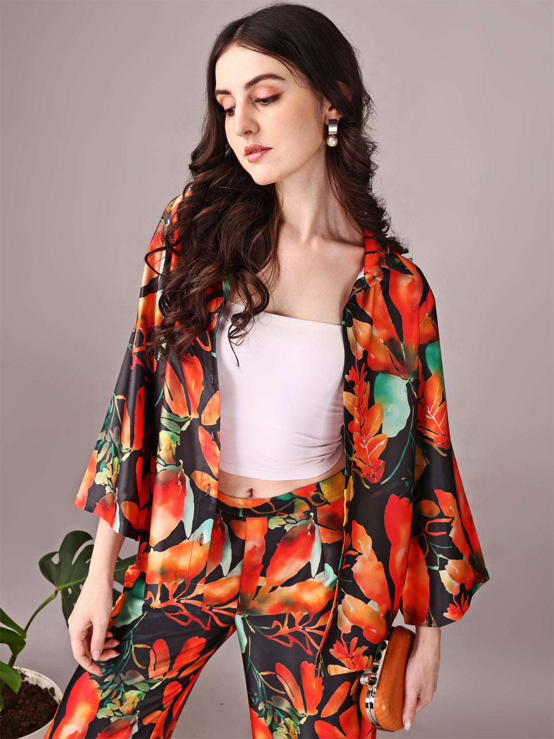 Wide Sleeve Digital Printed Western Style Satin Cordsets for Women (CS-ORANGE)