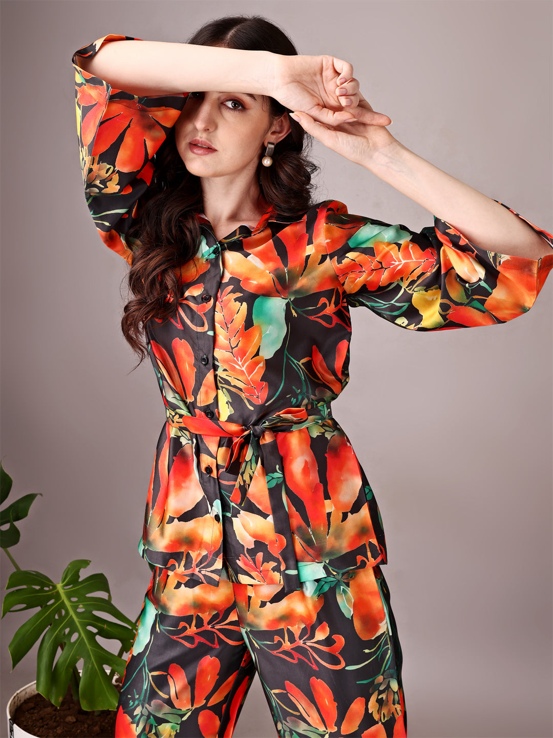 Wide Sleeve Digital Printed Western Style Satin Cordsets for Women (CS-ORANGE)