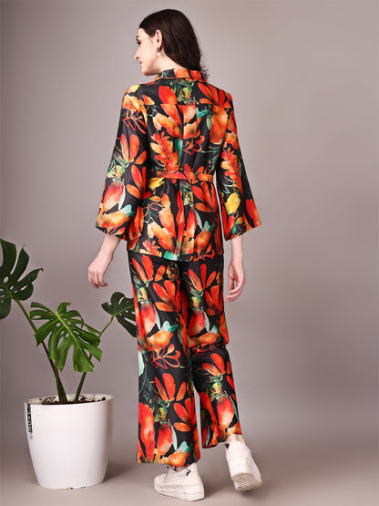 Wide Sleeve Digital Printed Western Style Satin Cordsets for Women (CS-ORANGE)