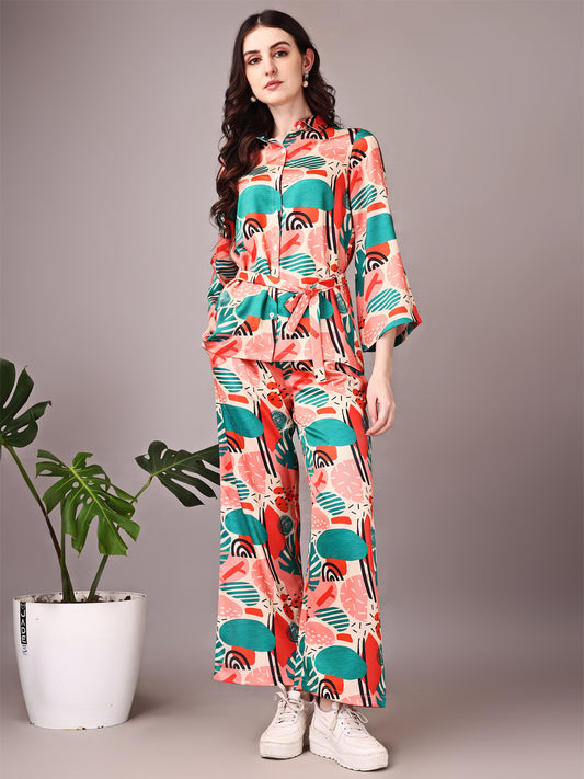 Wide Sleeve Digital Printed Western Style Satin Cordsets for Women (CS-WM)