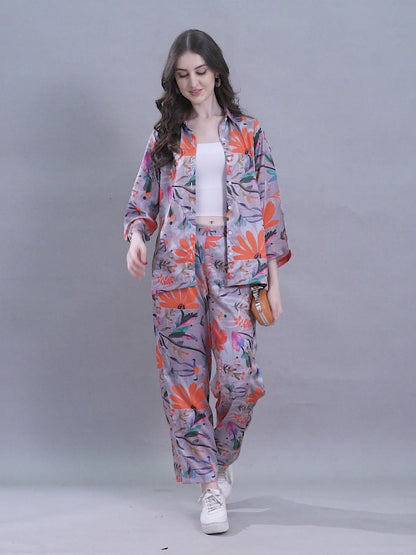 Wide Sleeve Digital Printed Western Style Satin Cordsets for Women (CS-GREY)